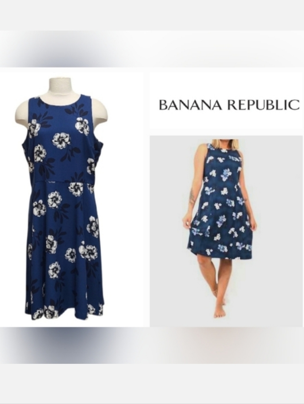 Banana Republic Blue Fit & Flare Midi Dress Black & White Floral Print Sz 14